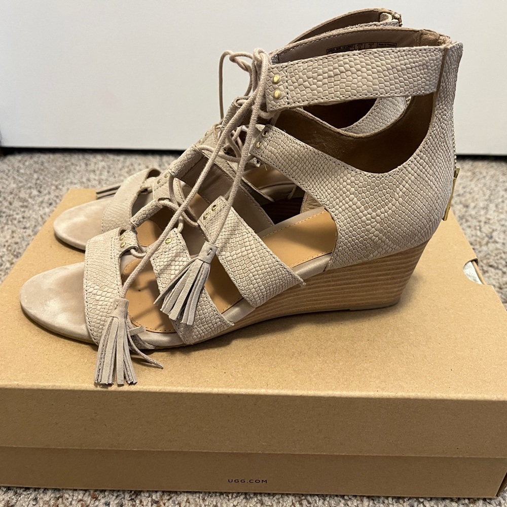 UGG Taupe Textured Lace-Up Wedge Sandals with Tassels